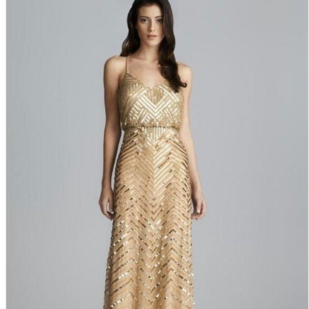 NWT Adrianna Papell Gold Chevron Beaded Blouson Gown 14